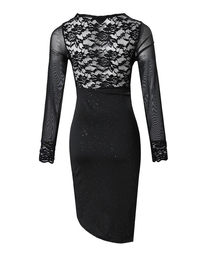 Contrast Lace Long Sleeve Ruched Glitter Bodycon Dress