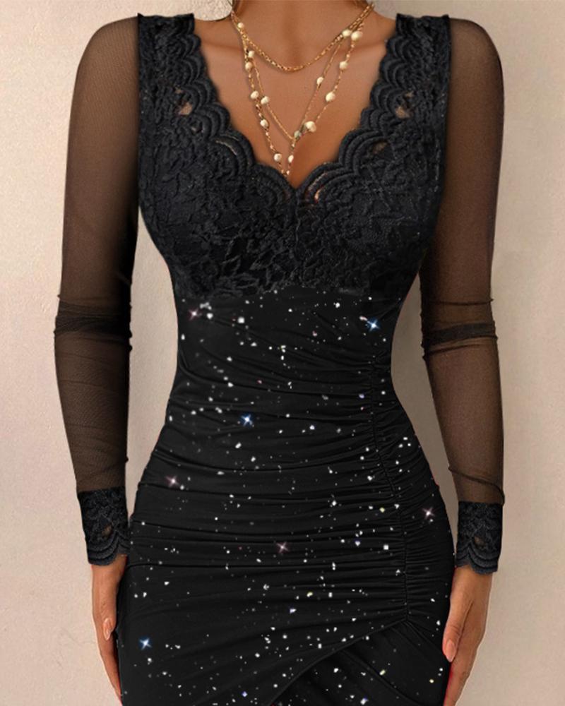 Contrast Lace Long Sleeve Ruched Glitter Bodycon Dress