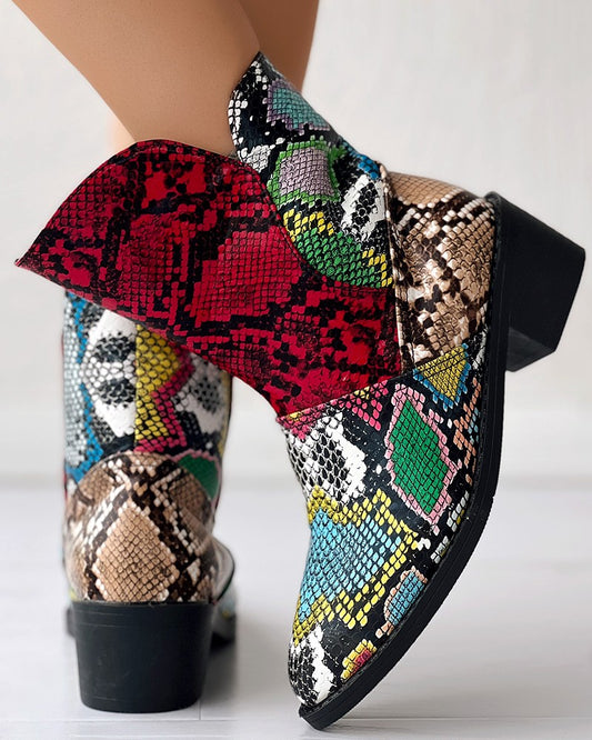 Snakeskin Colorblock Cowboy Style Ankle Boots