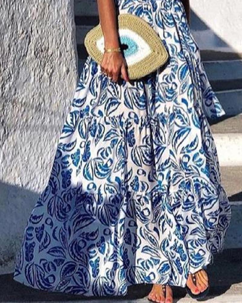 Leaf Print Crisscross Backless Halter Maxi Dress