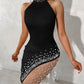 Pearls Studded Sheer Mesh Patch Party Dress