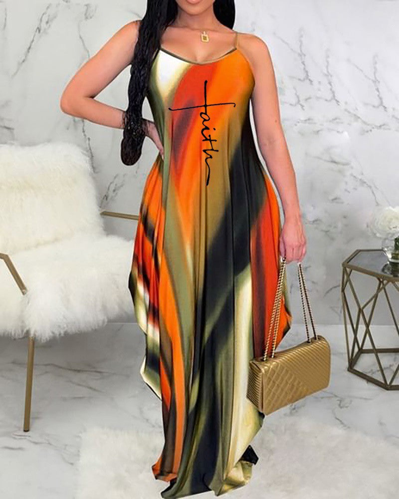 Letter Tie Dye Print Sleeveless Ruched Maxi Dress