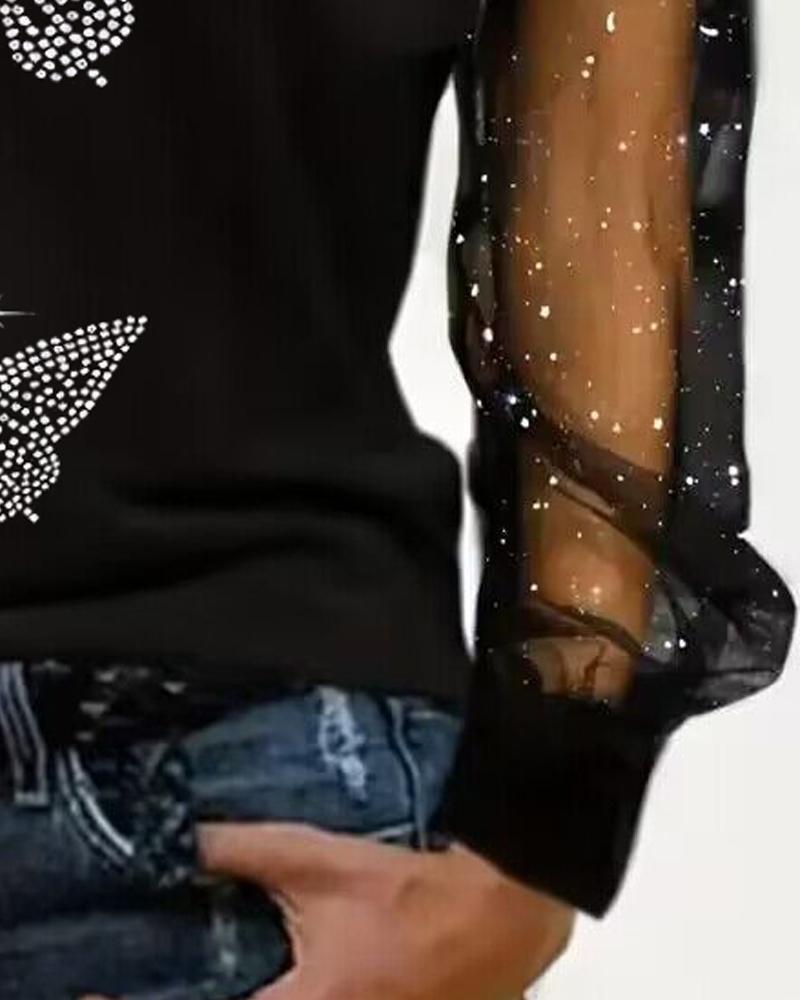 Rhinestone Butterfly Pattern Glitter Mesh Patch Top