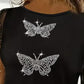 Rhinestone Butterfly Pattern Glitter Mesh Patch Top