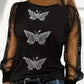 Rhinestone Butterfly Pattern Glitter Mesh Patch Top