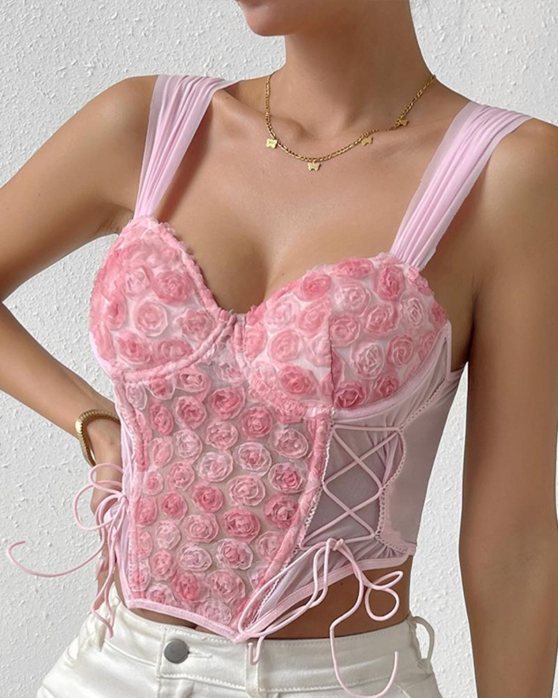 Floral Pattern Lace up Hanky Hem Corset Top