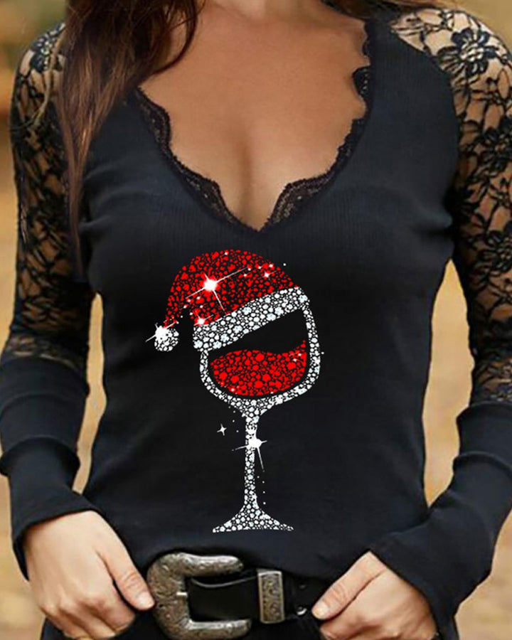 Crochet Lace Christmas Wine Glass Print Top