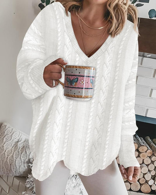 V Neck Asymmetrical Braided Knit Sweater