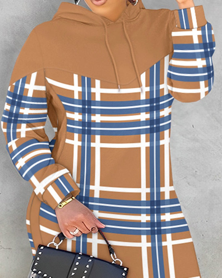 Plus Size Plaid Print Colorblock Slit Sweatshirt Dress