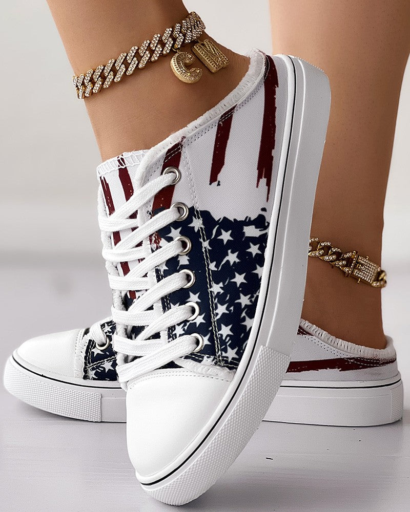 Independence Day Flag Print Raw Hem Slipper Sneakers