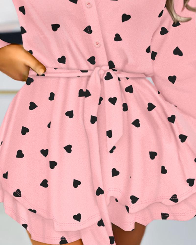 Heart Print Colorblock Tied Detail Layered Romper