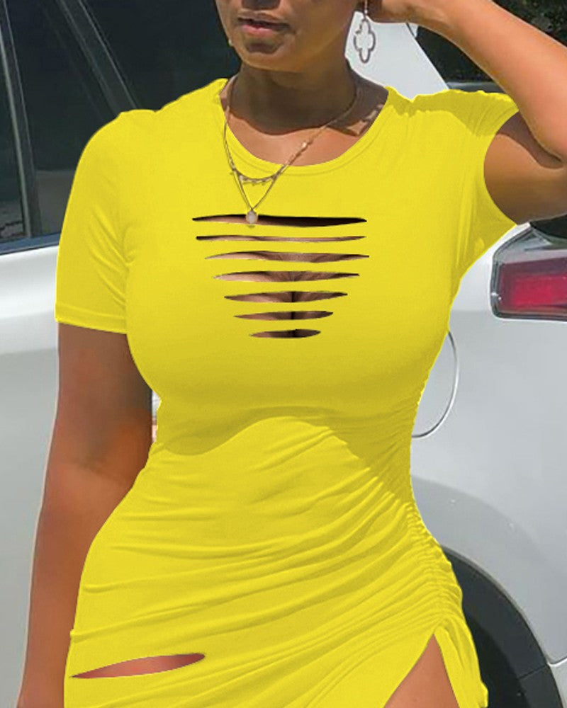 Ladder Cutout Drawstring Ruched High Slit Dress