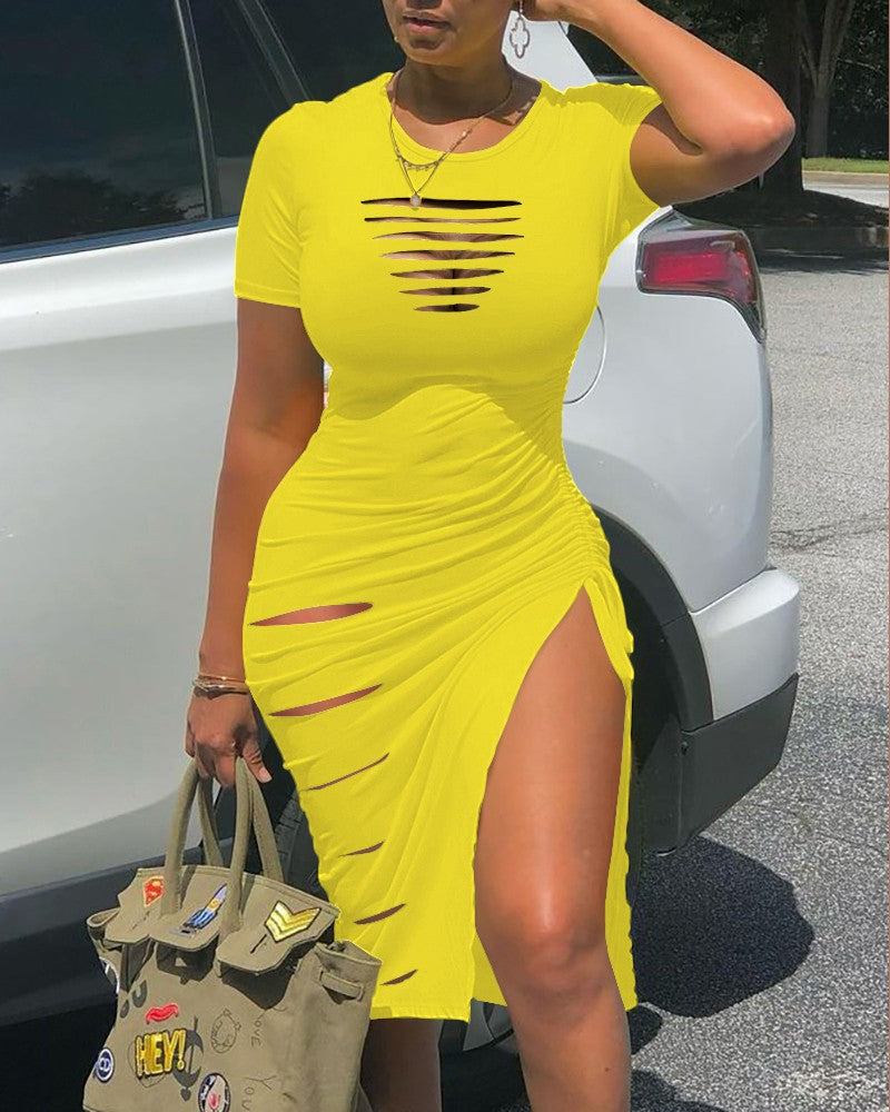 Ladder Cutout Drawstring Ruched High Slit Dress