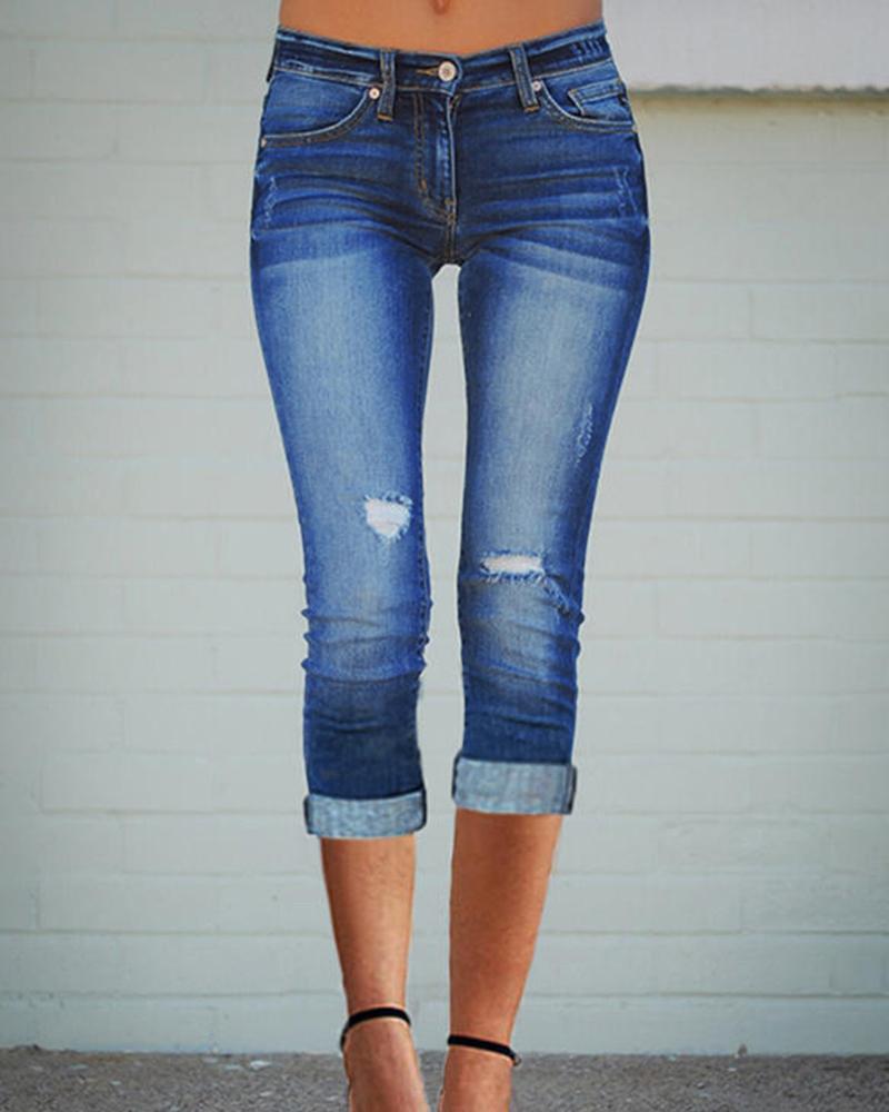 Low Waist Pocket Design Ripped Capris Jeans