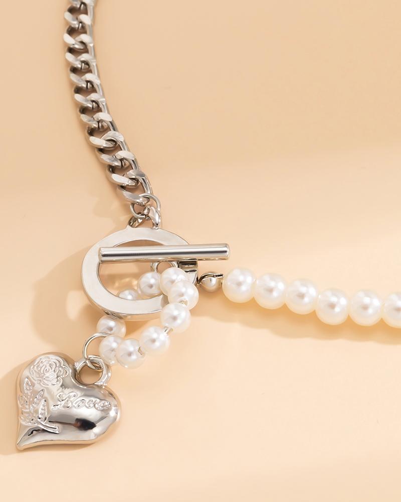 1pc Pearls Decor OT Toggle Heart Pendant Necklace