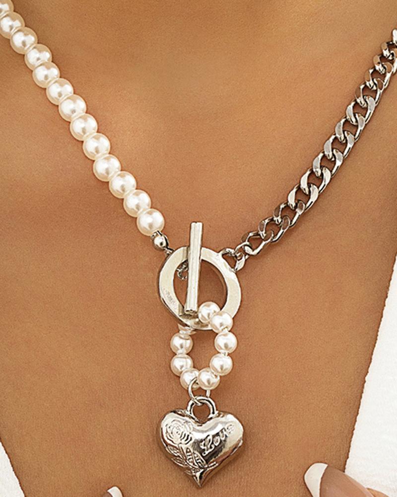 1pc Pearls Decor OT Toggle Heart Pendant Necklace