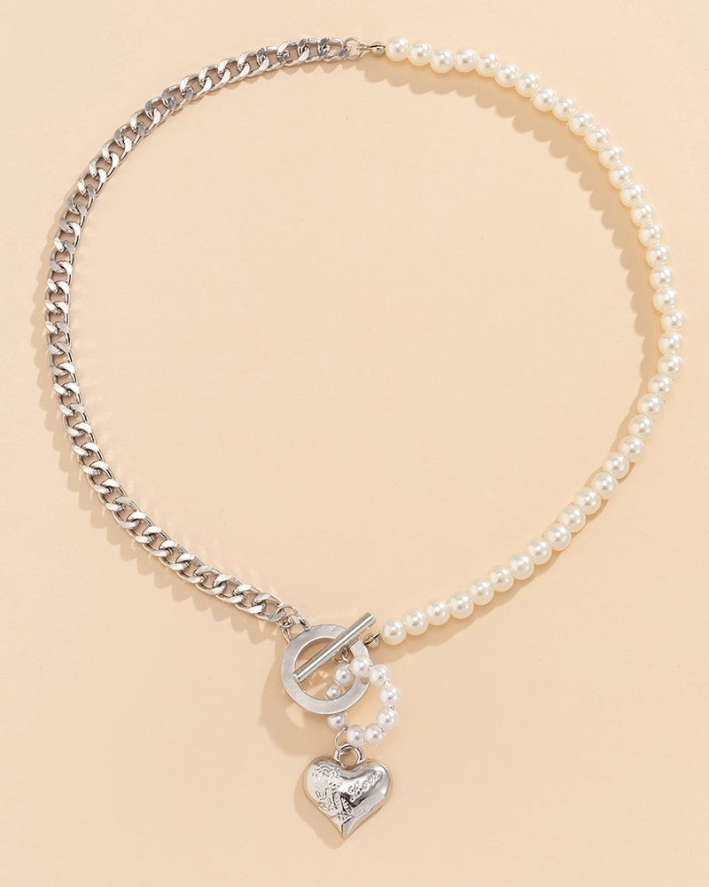 1pc Pearls Decor OT Toggle Heart Pendant Necklace