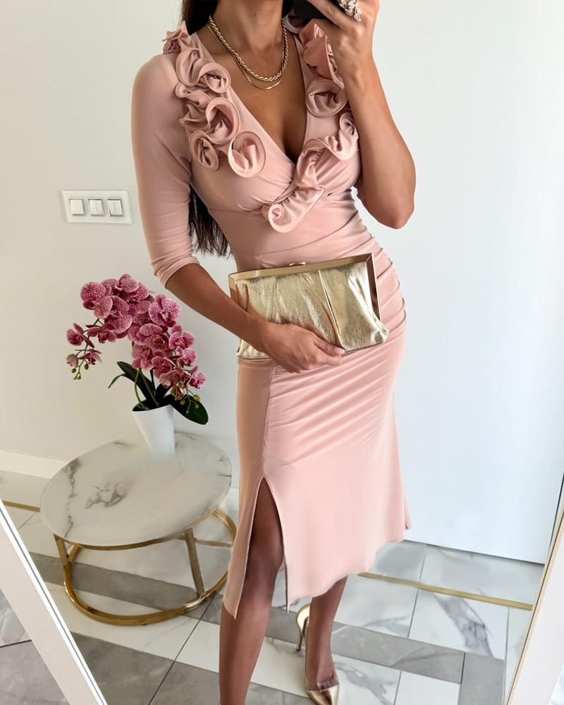 Slit Ruffles Deep V Neck Midi Dress