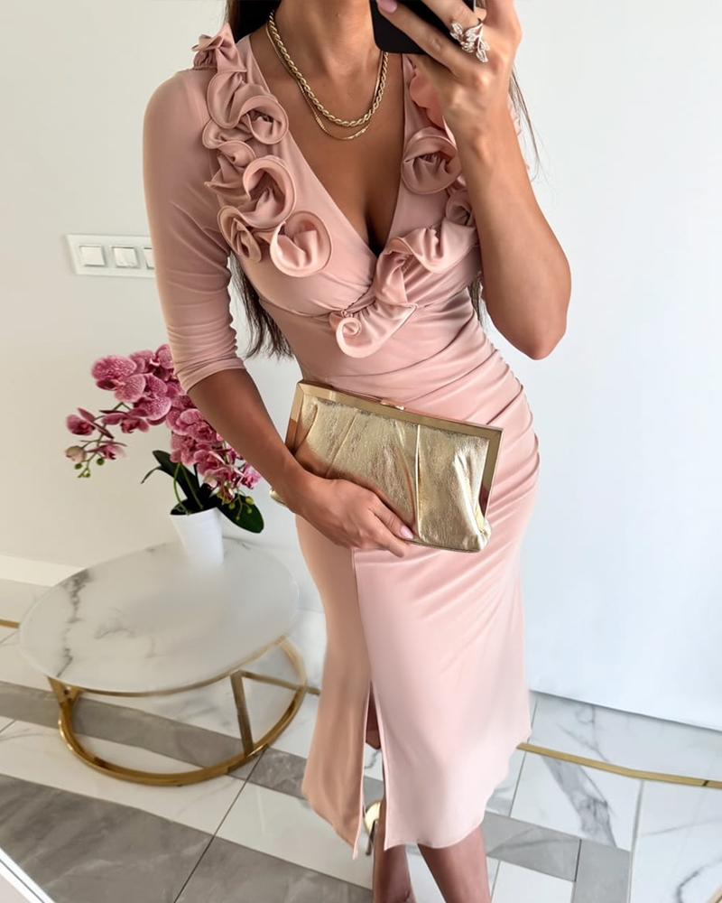 Slit Ruffles Deep V Neck Midi Dress