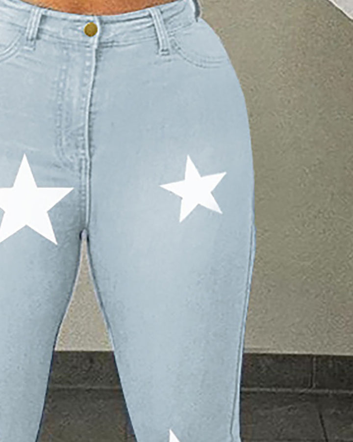 Single Button Design Star Print Colorblock Jeans