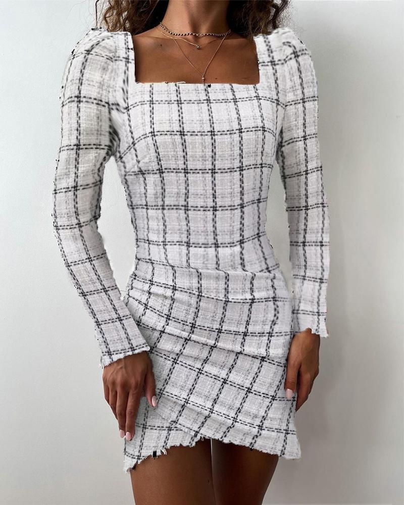 Plaid Print Raw Hem Ruched Dress