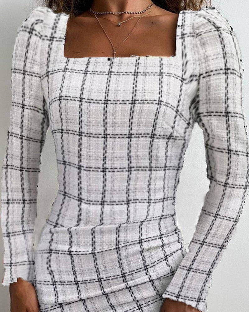 Plaid Print Raw Hem Ruched Dress