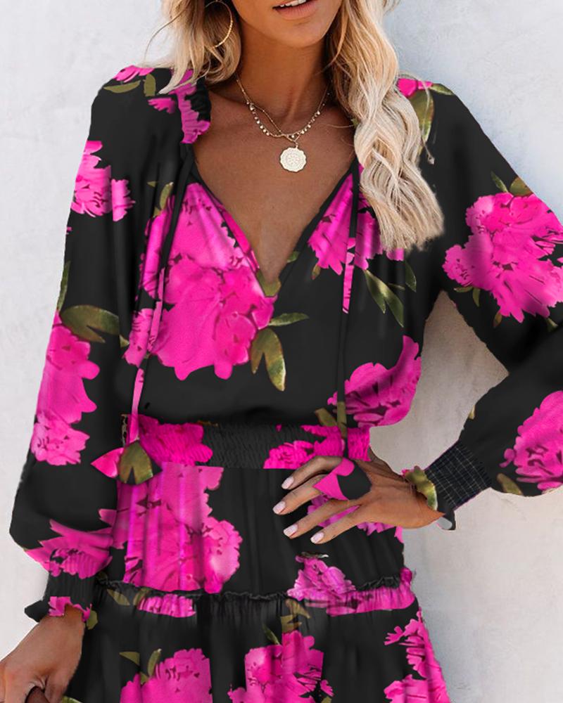 Floral Print Ruffle Hem Shirred Casual Dress