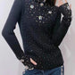 Rhinestone Floral Pattern High Neck Sweater