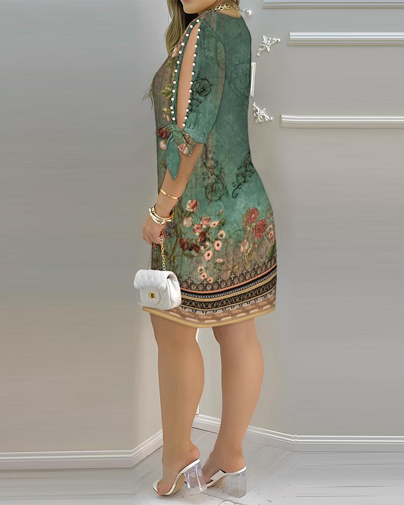 Floral Tribal Print Split Sleeve Pearls Decor Casual Dress
