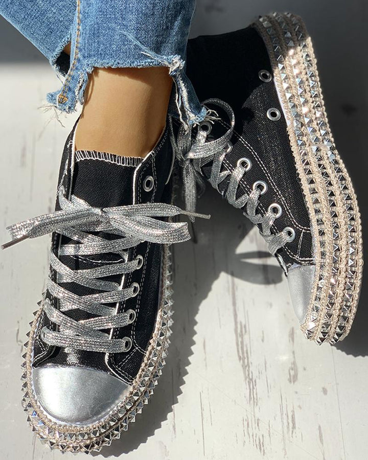 Leopard Print Studded Decor Eyelet Lace up Sneakers