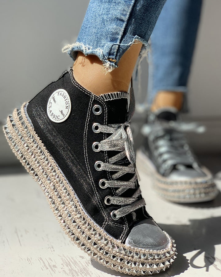 Leopard Print Studded Decor Eyelet Lace up Sneakers