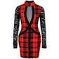 Plaid Print Contrast Lace Bodycon Dress