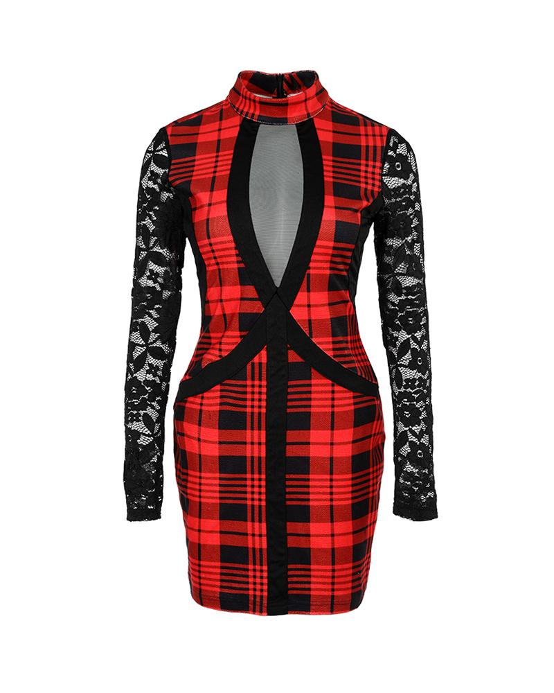 Plaid Print Contrast Lace Bodycon Dress