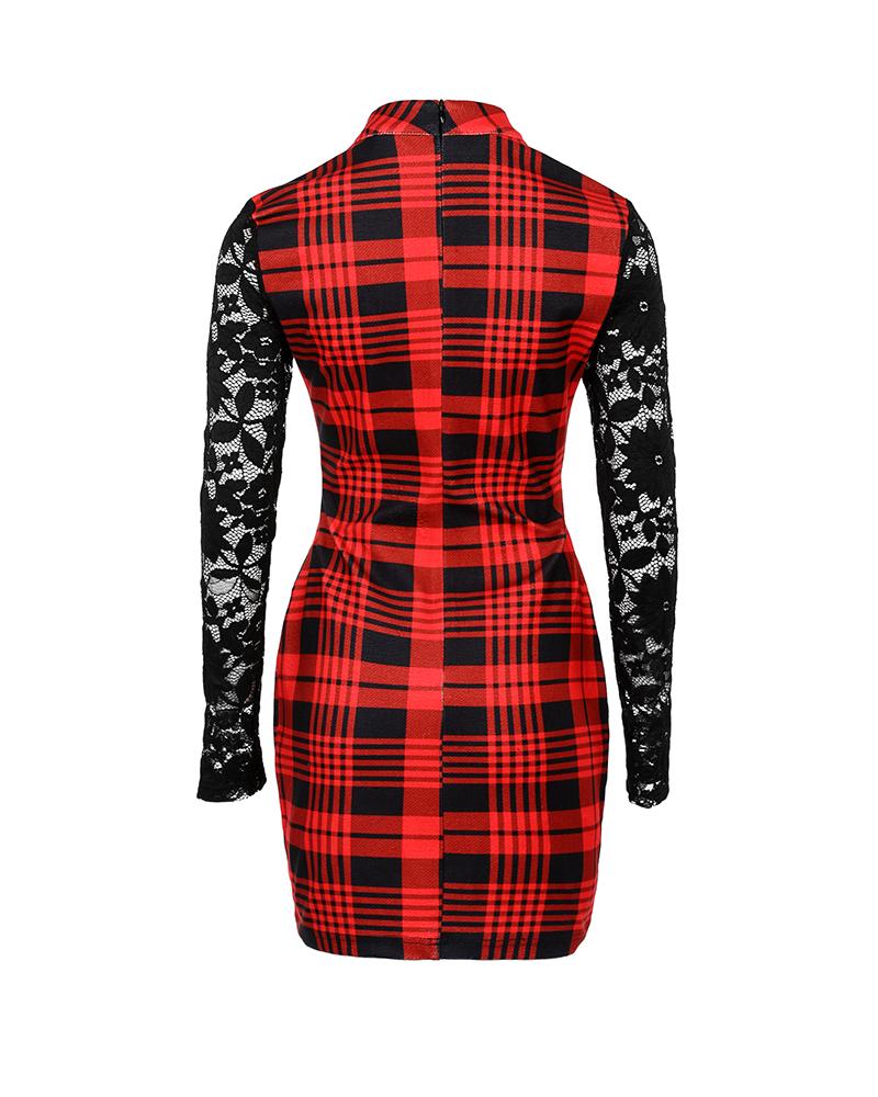 Plaid Print Contrast Lace Bodycon Dress