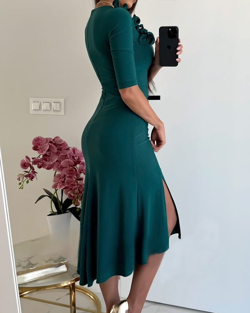 Slit Ruffles Deep V Neck Midi Dress