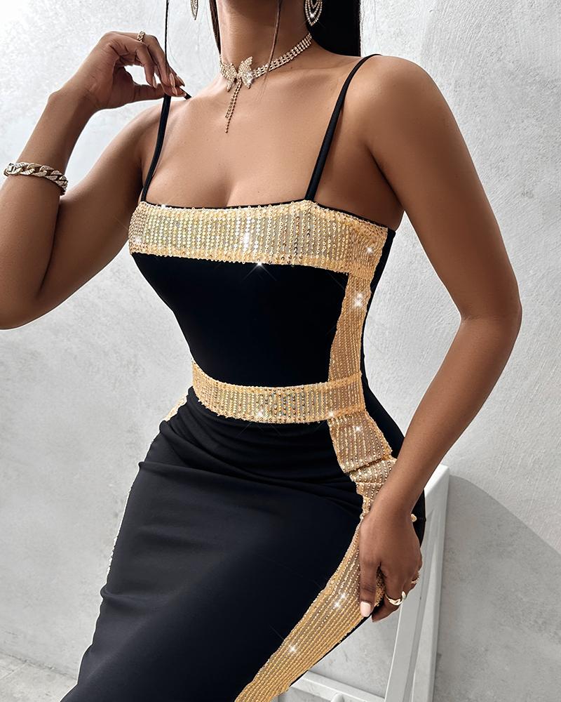 Contrast Sequin Spaghetti Strap Bodycon Dress