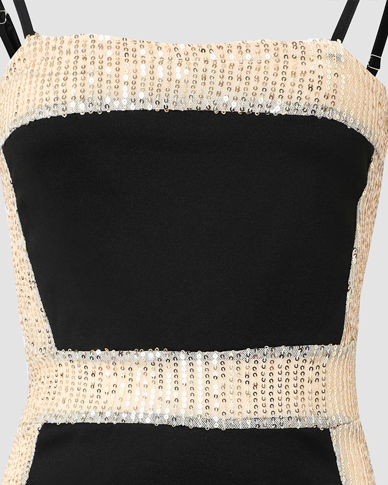 Contrast Sequin Spaghetti Strap Bodycon Dress