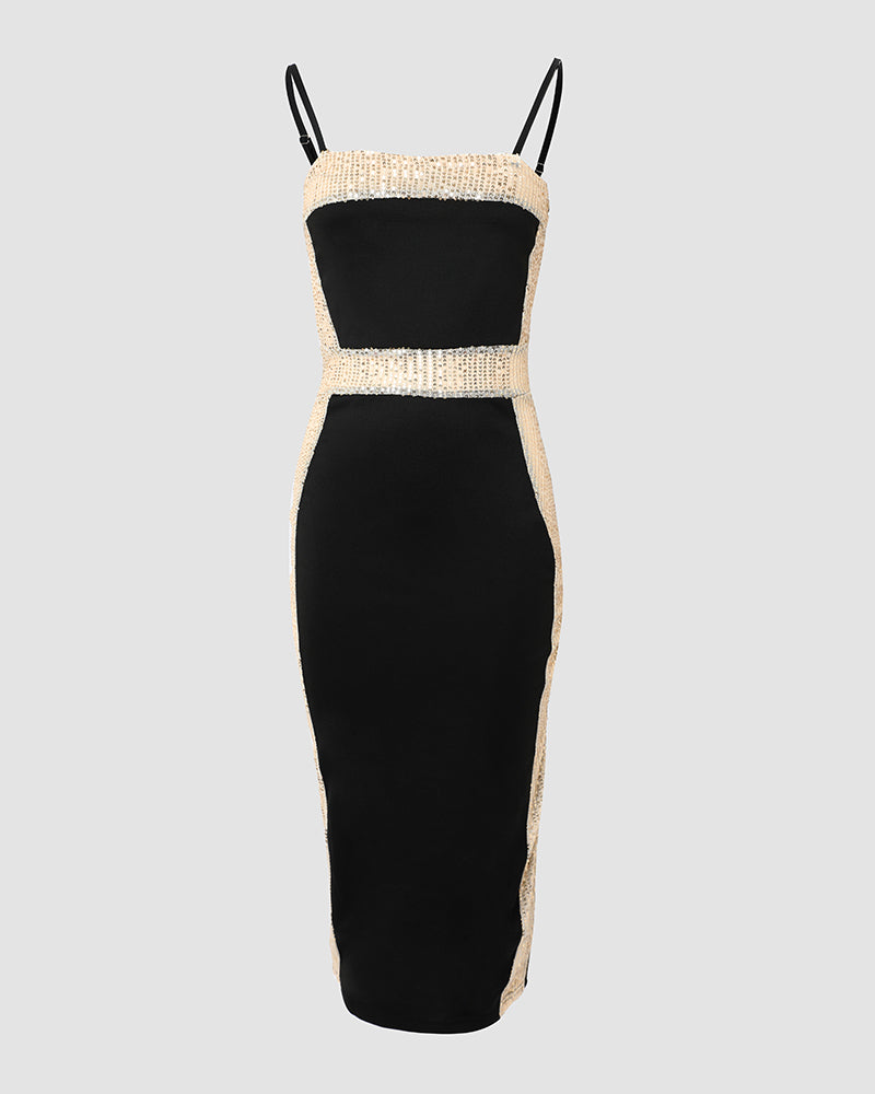 Contrast Sequin Spaghetti Strap Bodycon Dress