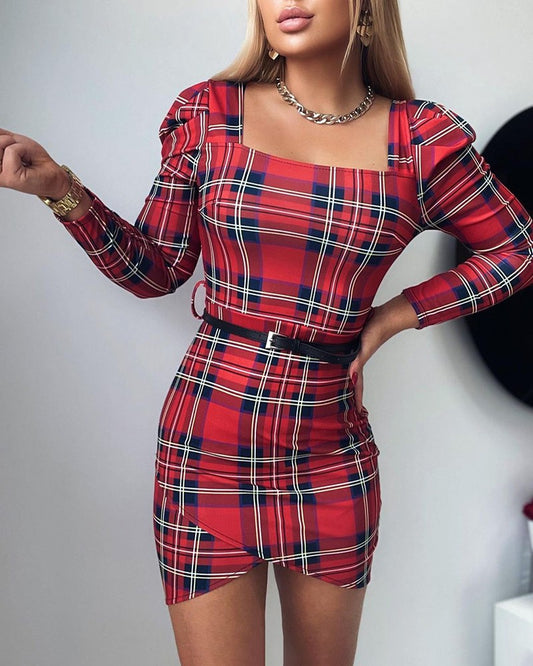 Puff Sleeve Plaid Print Puff Sleeve Bodycon Dress
