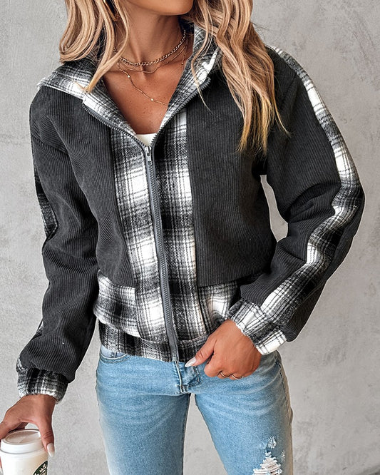 Plaid Print Patchwork Hooded Corduroy Jacket