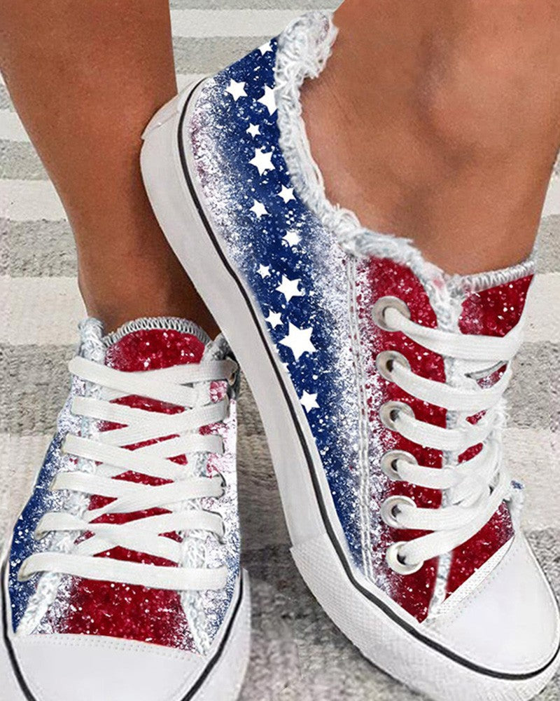 Independence Day Flag Print Raw Hem Canvas Sneakers