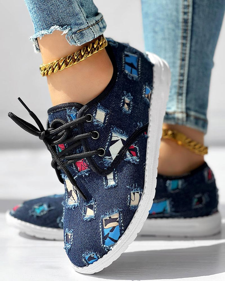 Christmas Lace up Patchwork Ripped Sneakers