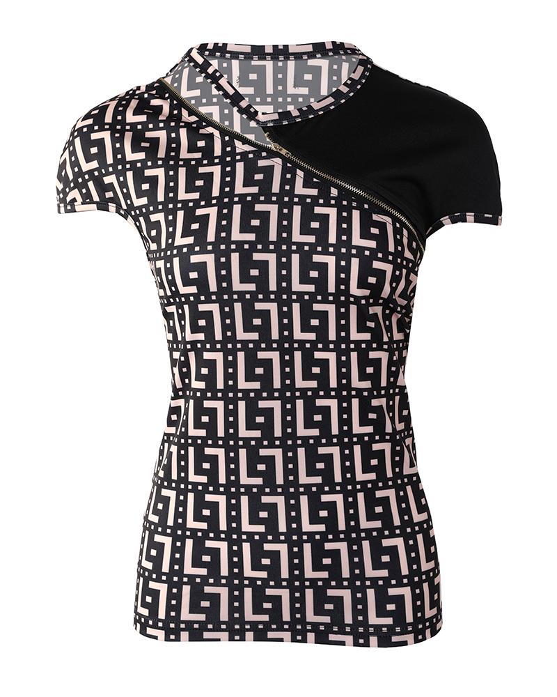 Geo Print Cutout Zip Front T shirt