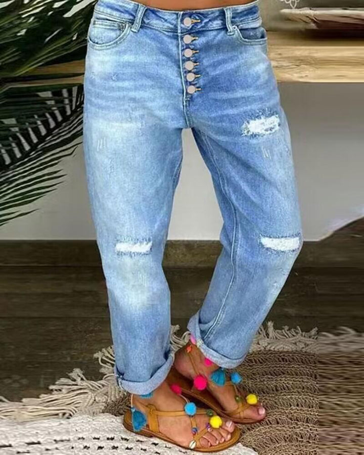 Button Fly Ripped Low Waist Jeans
