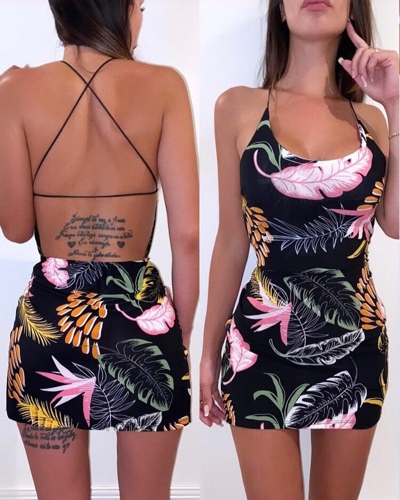 Tropical Print Backless Mini Dress