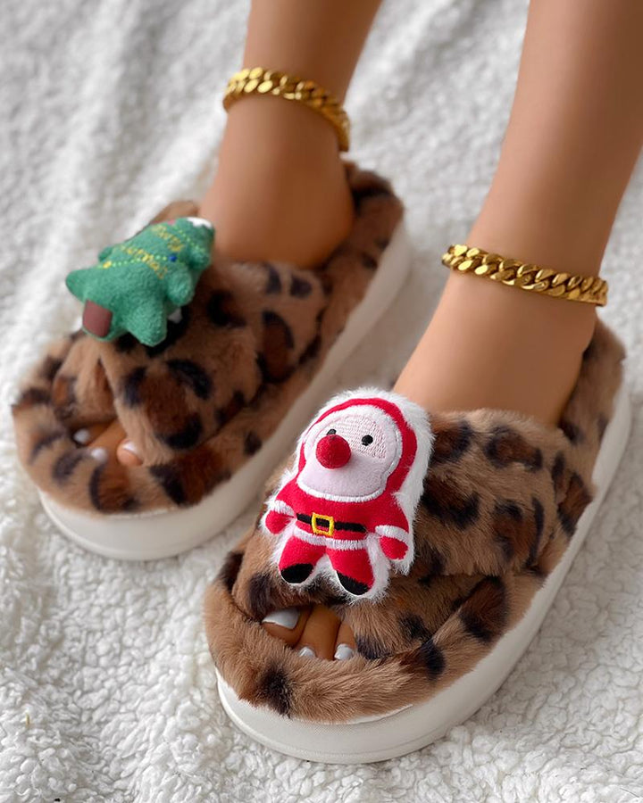 Christmas Cartoon Leopard Cross Strap Fuzzy Winter Slippers