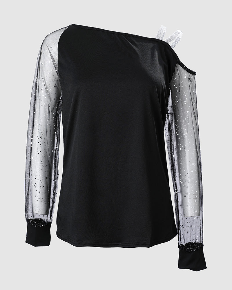 Contrast Mesh Cold Shoulder Top