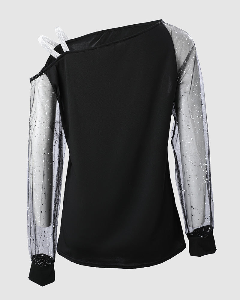 Contrast Mesh Cold Shoulder Top