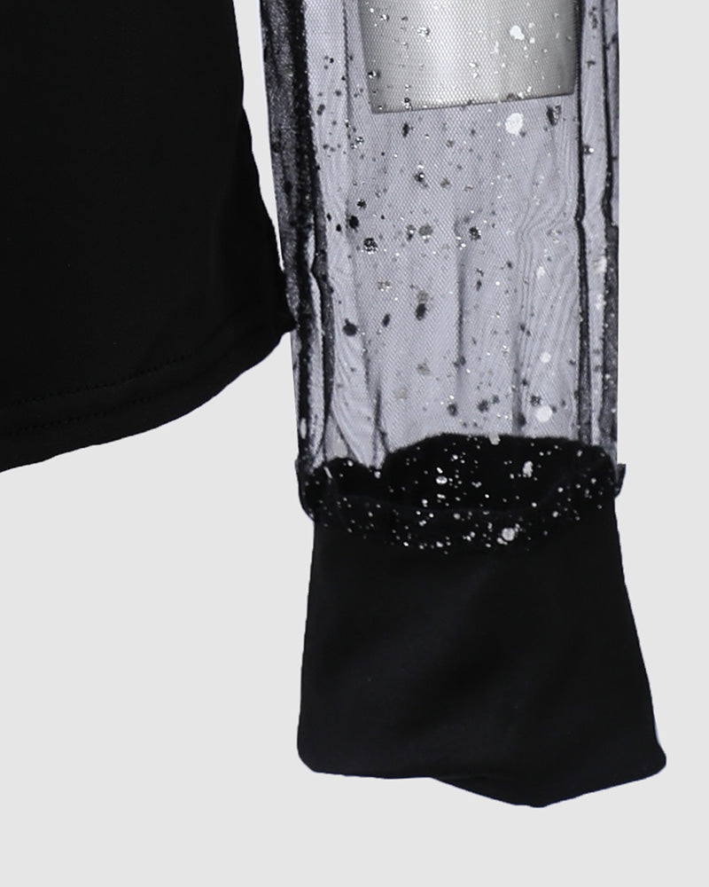 Contrast Mesh Cold Shoulder Top