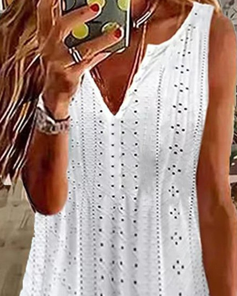 Notch Neck Eyelet Embroidery Sleeveless Casual Dress